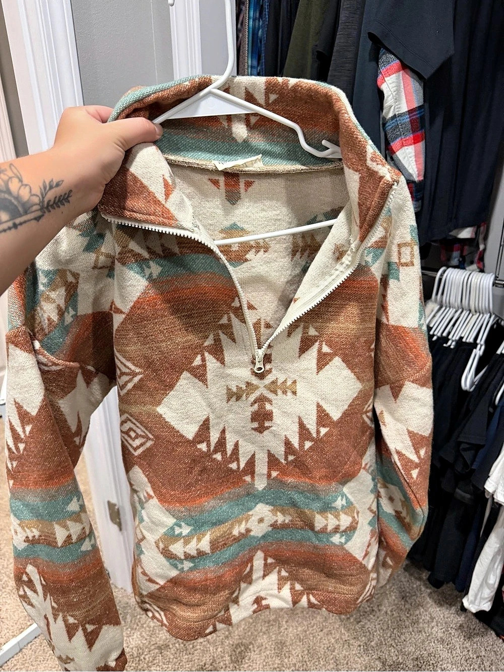 Aztec Quarter-Zip Pullover Brown & Green Small